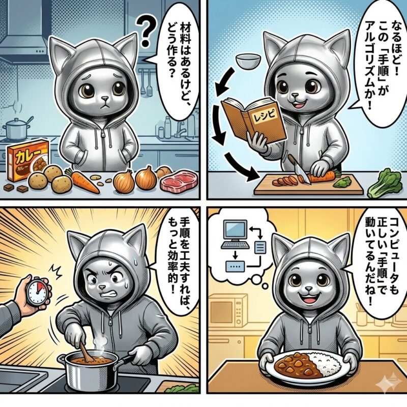 アルゴリズムの仕組みをカレー作りの手順になぞらえて解説するデプロイ太郎の4コマ漫画。