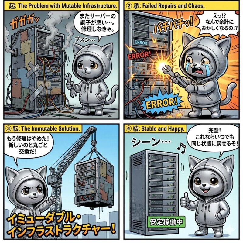 デプロイ太郎がサーバー管理の課題を解決する、イミューダブル・インフラストラクチャーを解説した4コマ漫画。