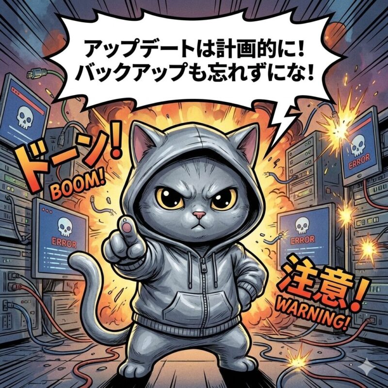 デプロイ太郎からの注意喚起!「アップデートは計画的に!バックアップも忘れずにな!」