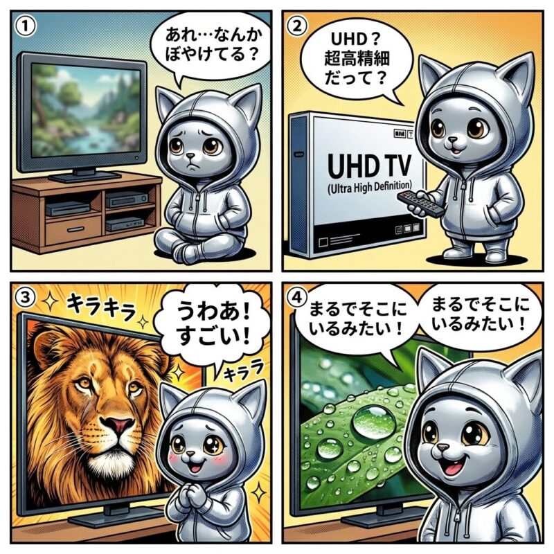 銀色の猫キャラクター「デプロイ太郎」が、UHD(超高精細)の圧倒的な画質の美しさと臨場感を体験して感動する4コマ漫画。