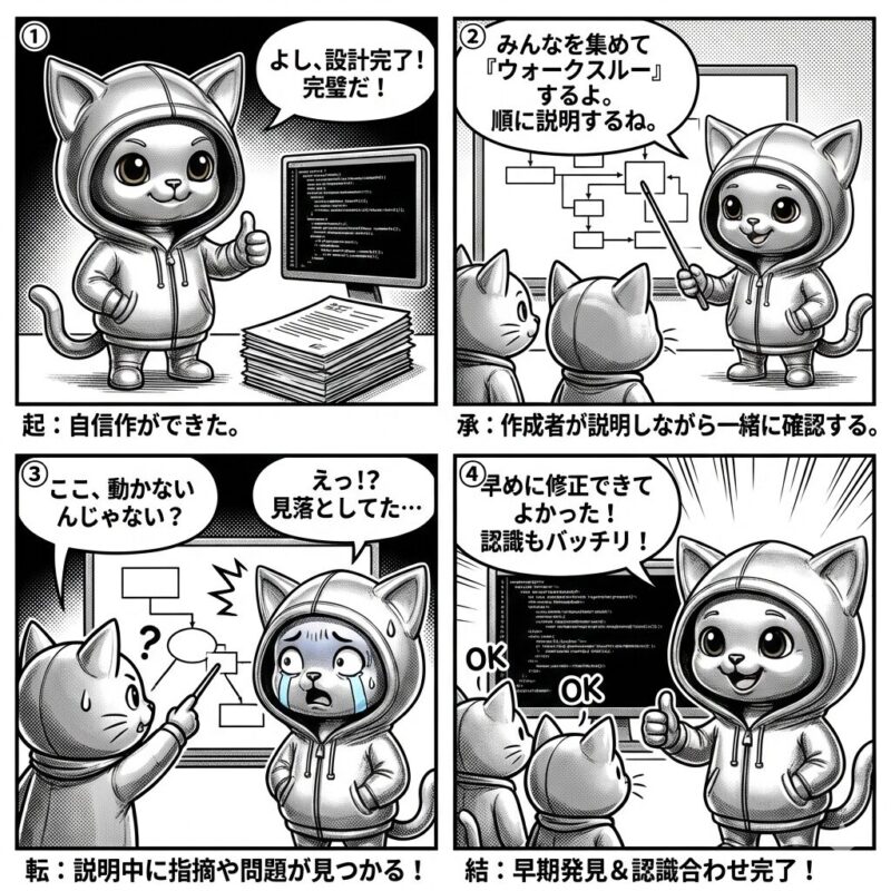 デプロイ太郎がIT用語の「ウォークスルー」を解説する4コマ漫画。作成者が主体となって成果物を説明し、早期に欠陥の発見や認識合わせを行うプロセスを描いている。