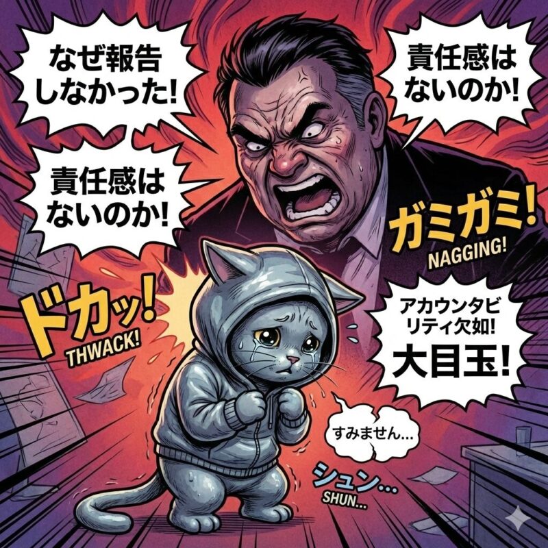 アカウンタビリティを欠如し、報告をしなかったため大激怒した上司に説教されるデプロイ太郎