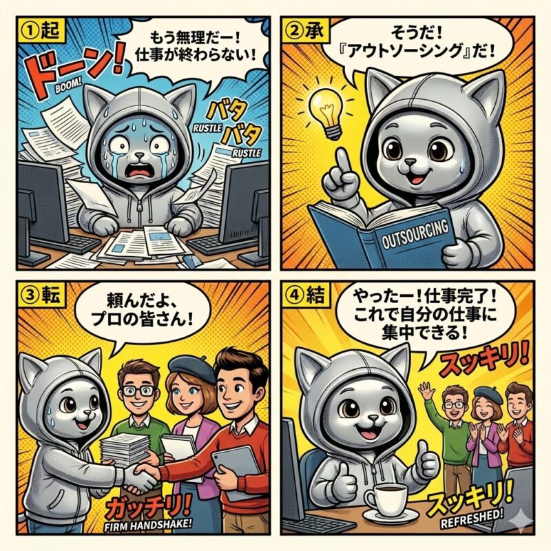 デプロイ太郎が多忙な業務からアウトソーシングを活用して専門家に仕事を委託し、本来の業務に集中して問題を解決するアメコミ風4コマ漫画。