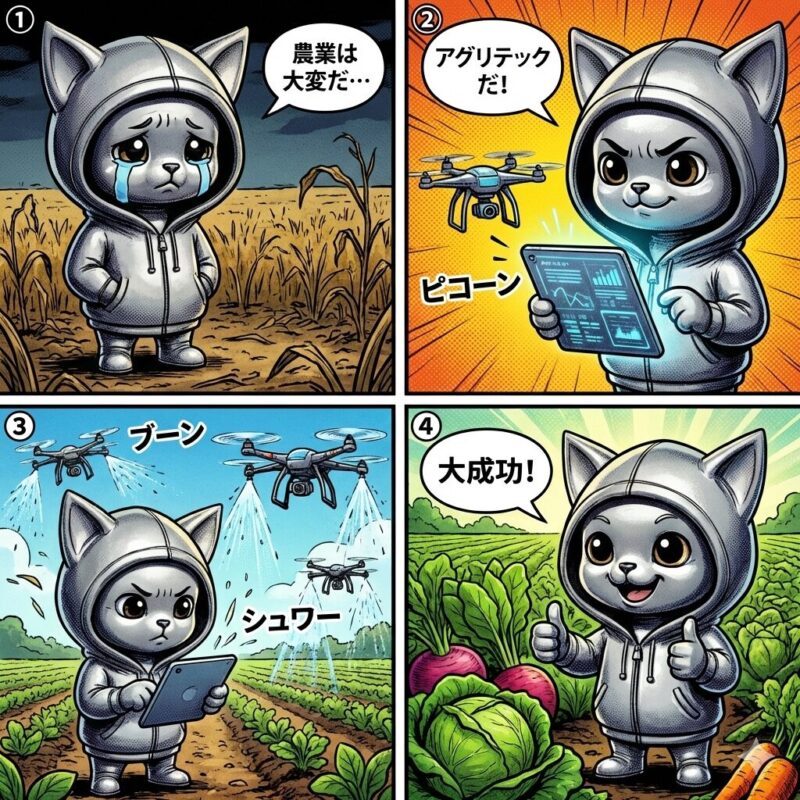 水不足や重労働に悩み、アナログな農業の壁にぶつかる太郎が、アグリテックを知り最高の収穫ができるようになった