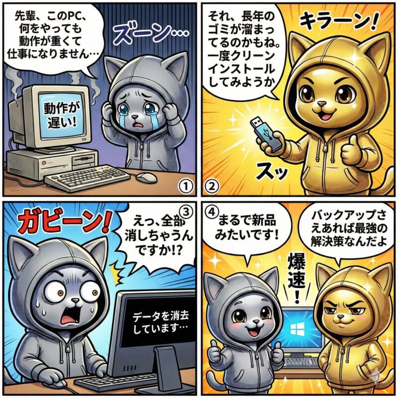 PCの動作が重くて困っていたデプロイ太郎は先輩に教えられてクリーンインストールを実施して、爆速PCに喜ぶ