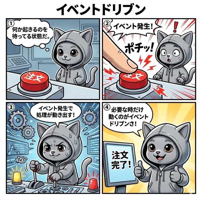 IT用語「イベントドリブン」を解説する4コマ漫画。デプロイ太郎が、イベント発生(ボタン押下)時のみ処理が実行される仕組みを分かりやすく説明しています。