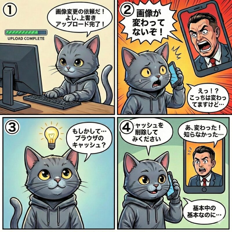アップロードしたのに画像が変わってない時は、ブラウザのキャッシュをクリアしようという4コマ漫画