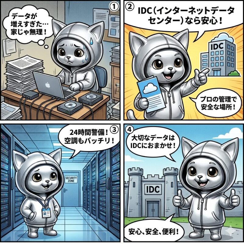 データ管理に悩むデプロイ太郎が、安心・安全なIDC(インターネットデータセンター)を利用するまでの4コマ漫画。