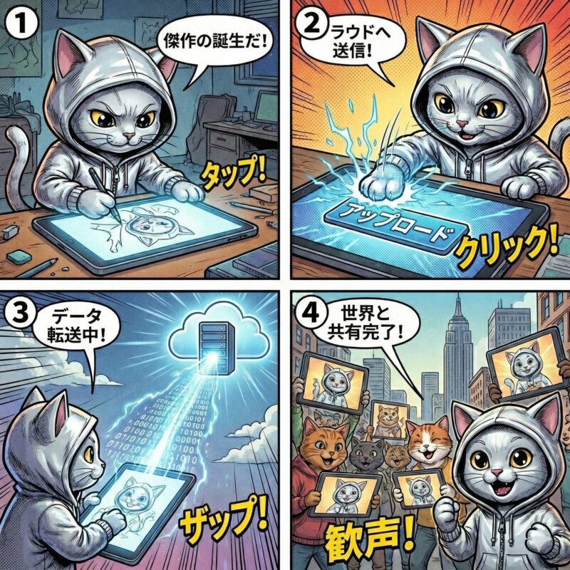 4コママンガで解説するアップロードの仕組み。猫のキャラクターが描いたイラストを自分の端末からクラウドサーバーへ送信し、世界中の他の端末と共有するまでの流れ。