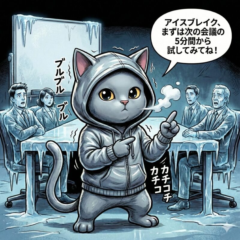 凍った会議室をアイスブレイクで打ち砕こうとするデプロイ太郎「アイスブレイク、まずは次の会議の5分間から試してみてね!」