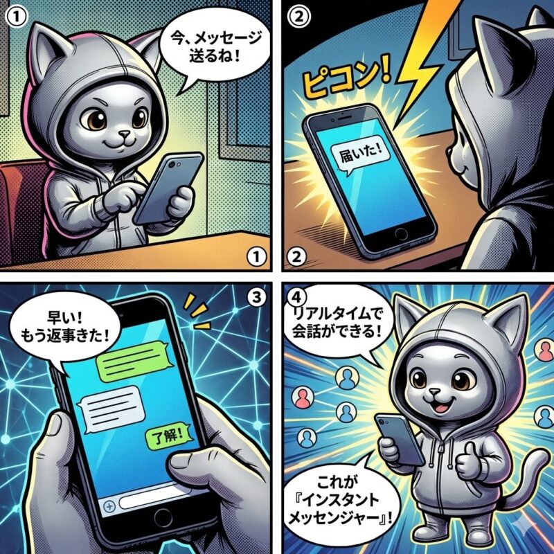 デプロイ太郎がインスタントメッセンジャーの仕組みを解説するアメコミ風4コマ漫画。