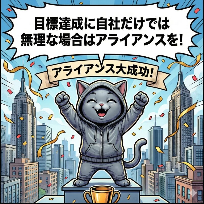 アライアンスを組み大成功したデプロイ太郎は「目標達成に自社だけでは無理な場合はアライアンスを」と叫ぶ