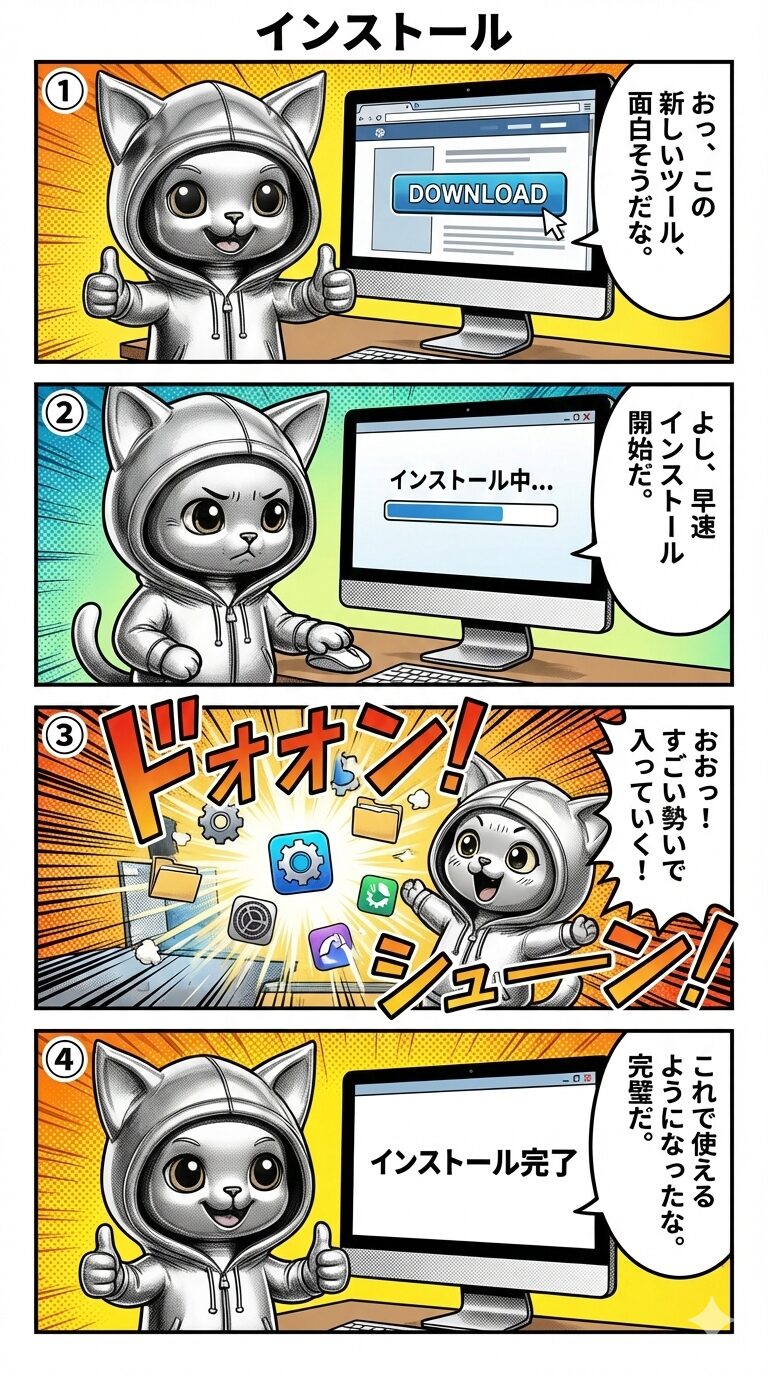 銀色のフードを被った猫のキャラクターが、新しいソフトウェアをパソコンにダウンロードし、インストール作業を経て完了させるまでの手順を描いた4コマ漫画。