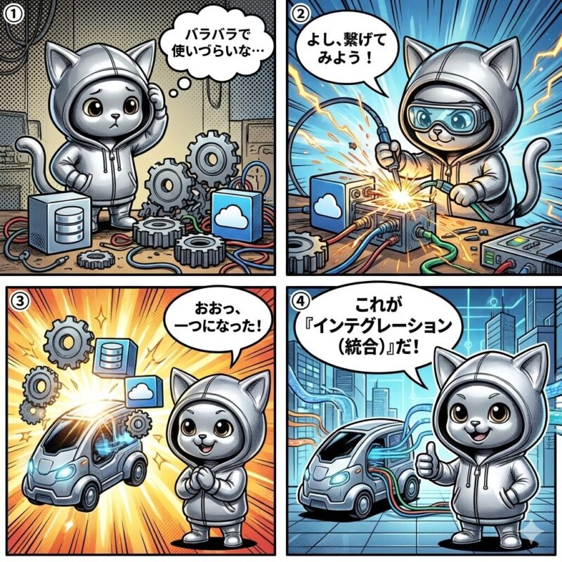 デプロイ太郎がインテグレーション(統合)の概念を解説するアメコミ風4コマ漫画。