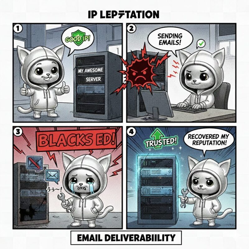 デプロイ太郎が、メール送信サーバーの「IPレピュテーション(信頼性)」が低下してブラックリスト入りし、対策を講じて信頼を回復させるまでの過程を描いた4コマ漫画。