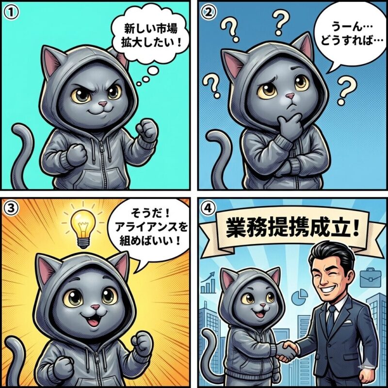 市場を拡大したいデプロイ太郎は目標達成のためにアライアンスを組む