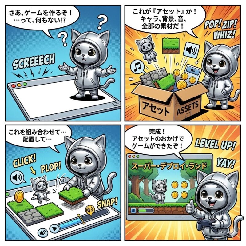 ゲーム開発におけるアセット(素材)の概念と、それらを組み合わせてゲームを完成させるまでの過程を解説するアメコミ風4コマ漫画。