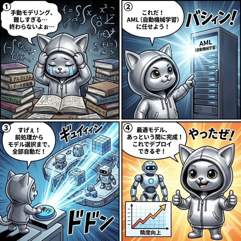 AML(自動機械学習)のメリットを解説する4コマ漫画。複雑な手動作業に悩むデプロイ太郎が、AMLを導入して自動で高精度なモデルを完成させるストーリー。