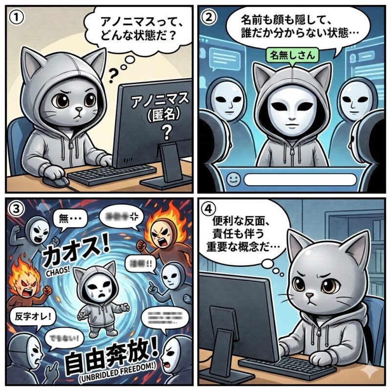 インターネットにおけるアノニマス(匿名性)がもたらす自由な発言空間と、それが引き起こす誹謗中傷などのトラブルリスクを描いた4コマ漫画。