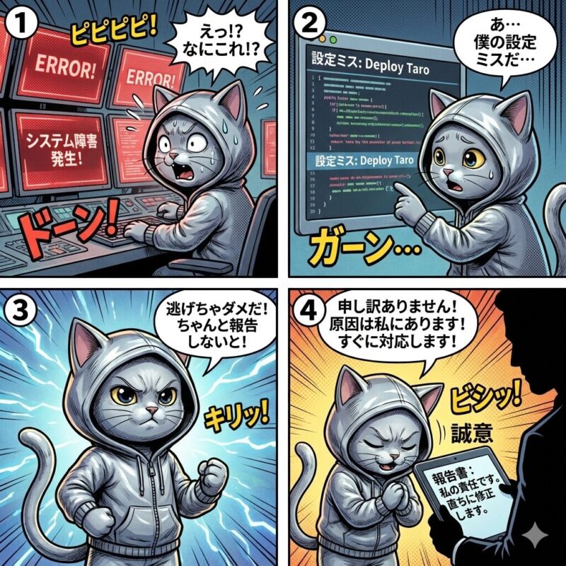 エラーが発生してしあい焦り恐怖するが、アカウンタビリティを果たすために、謝罪と報告をお怠らないデプロイ太郎