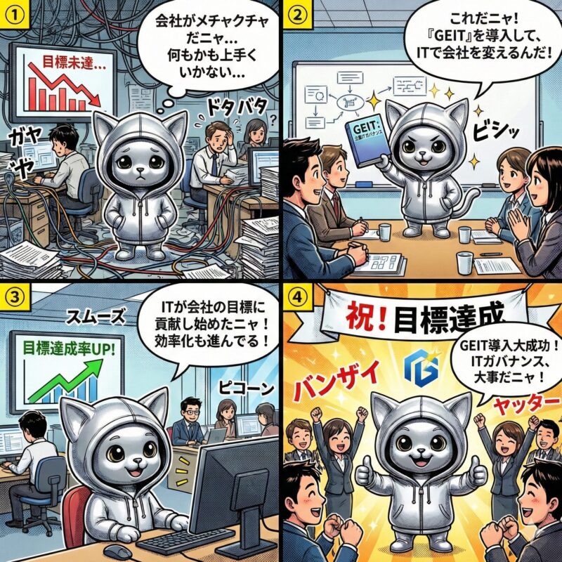 デプロイ太郎がGEIT(企業情報技術ガバナンス)を導入し、経営目標の未達に苦しむ会社を立て直し、目標達成へと導く4コマ漫画。