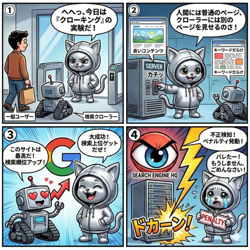 4コマ漫画:SEOスパム「クローキング」の手法と検索エンジンからペナルティを受けるまでの顛末