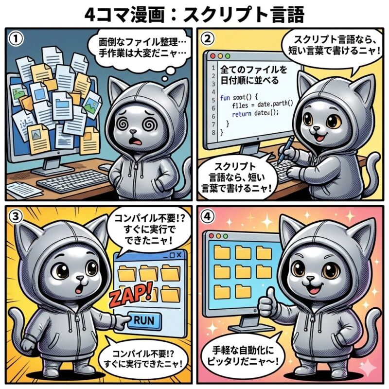 デプロイ太郎が解説するスクリプト言語の4コマ漫画。簡易な記述が可能でコンパイル不要、手軽な自動化処理に適している特徴を図解。