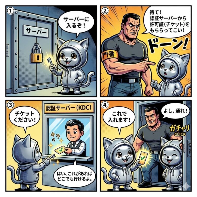Kerberos認証の仕組みを解説する4コマ漫画。デプロイ太郎が認証サーバー(KDC)からチケットを取得し、サーバーへのアクセス許可を得るまでの流れを描写。