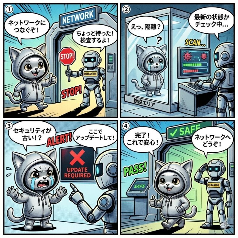 デプロイ太郎が「検疫ネットワークシステム」の仕組みを解説する4コマ漫画。社内ネットワーク接続前に隔離検査を受け、必要なセキュリティ更新を行ってから安全に接続する一連の流れを描写。