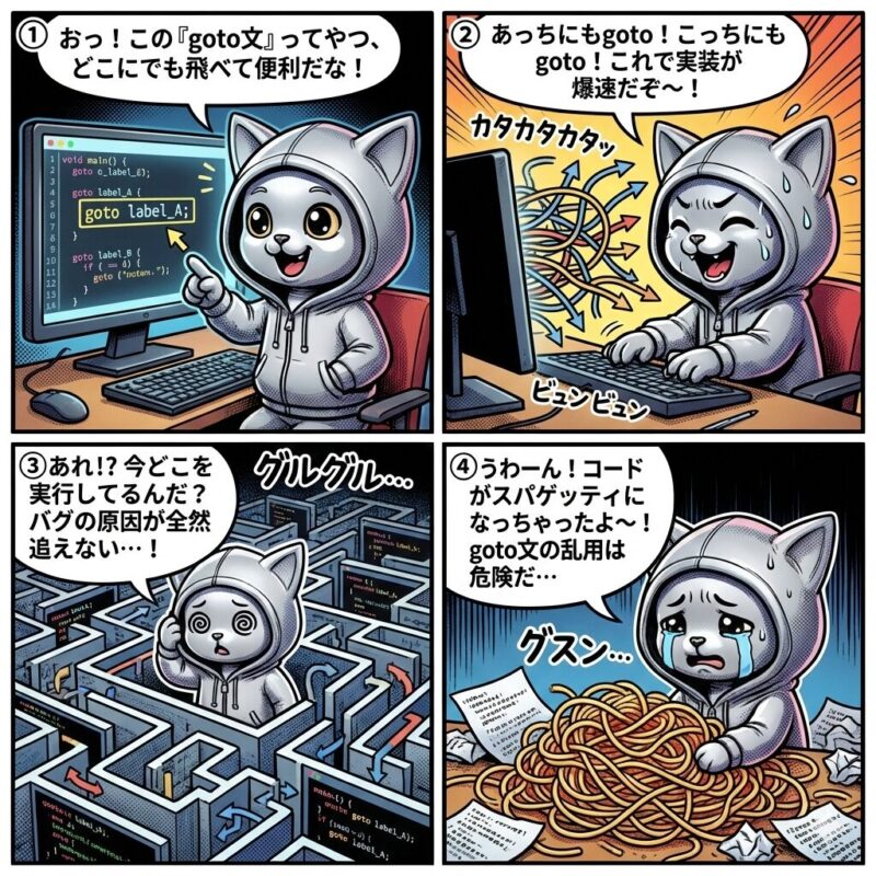 デプロイ太郎がgoto文を乱用した結果、プログラムの処理フローが複雑化し、修正困難なスパゲッティコードに陥る様子を描いた4コマ漫画。