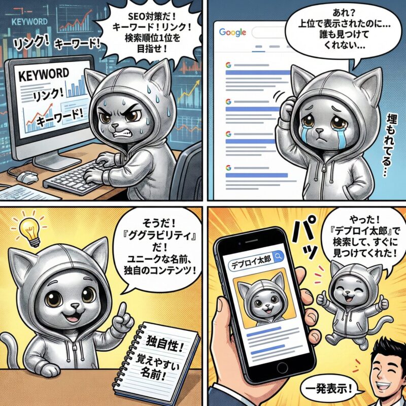 デプロイ太郎が一般的なSEO対策の限界に直面し、検索されやすい独自の名称やコンテンツ(ググラビリティ)の重要性を解説する4コマ漫画。