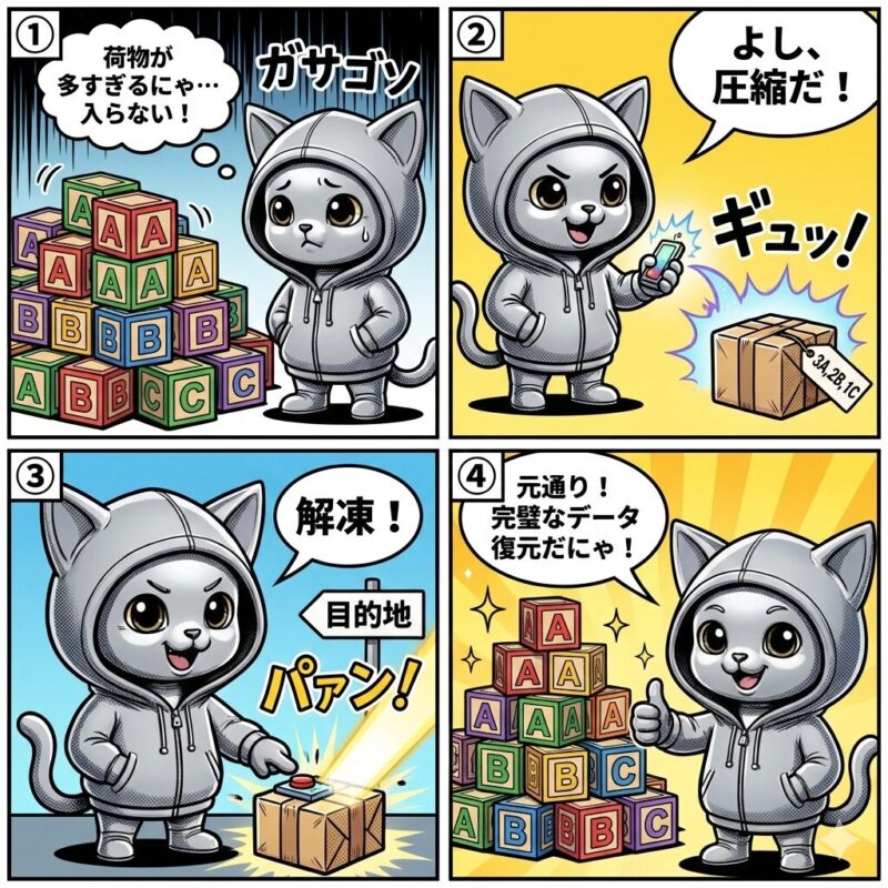 デプロイ太郎が可逆圧縮方式を解説する4コマ漫画。データを圧縮してサイズを小さくした後、解凍して元の状態へ完全に復元する一連のプロセスを描いている。