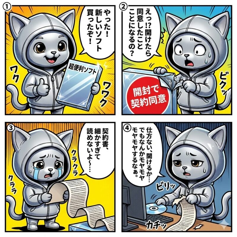 ソフトウェアのパッケージを開封することで契約への同意とみなす「シュリンクラップ契約」の成立過程と、ユーザーが抱く戸惑いを解説したデプロイ太郎の4コマ漫画。