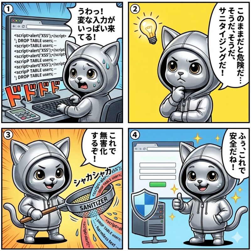Webサイトへの悪意ある入力を無害化する「サニタイジング」の重要性を解説したデプロイ太郎の4コマ漫画。