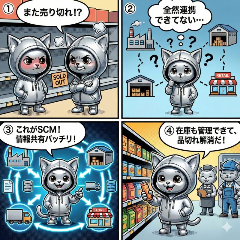 デプロイ太郎がSCM(サプライチェーンマネジメント)の仕組みと、導入による在庫切れ解消のメリットを解説する4コマ漫画