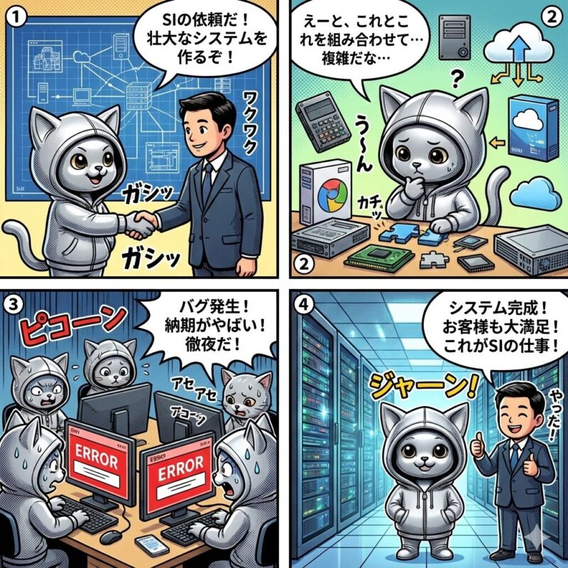 SI(システムインテグレーション)の仕事の流れを、受注から設計、トラブル対応、システム完成まで描いたデプロイ太郎の4コマ漫画。
