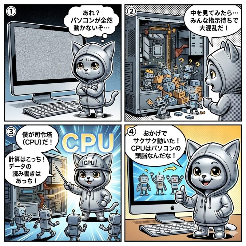 デプロイ太郎がパソコンの頭脳であるCPUの役割を司令塔に例えて解説する4コマ漫画
