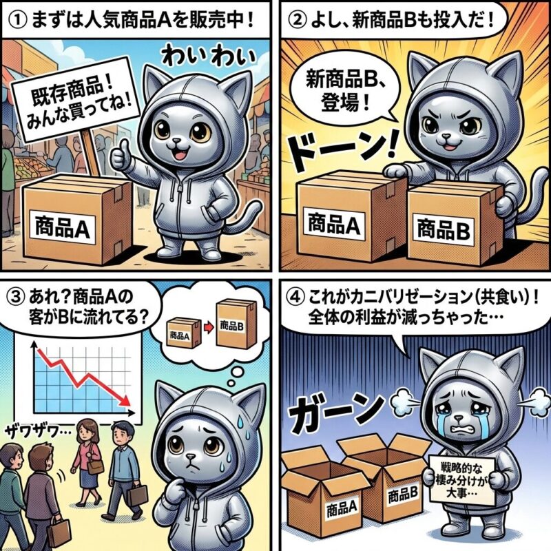 既存商品と類似した新商品を投入した結果、自社製品同士で顧客を奪い合うカニバリゼーションが発生し、企業全体の利益が減少するリスクを解説する4コマ漫画。
