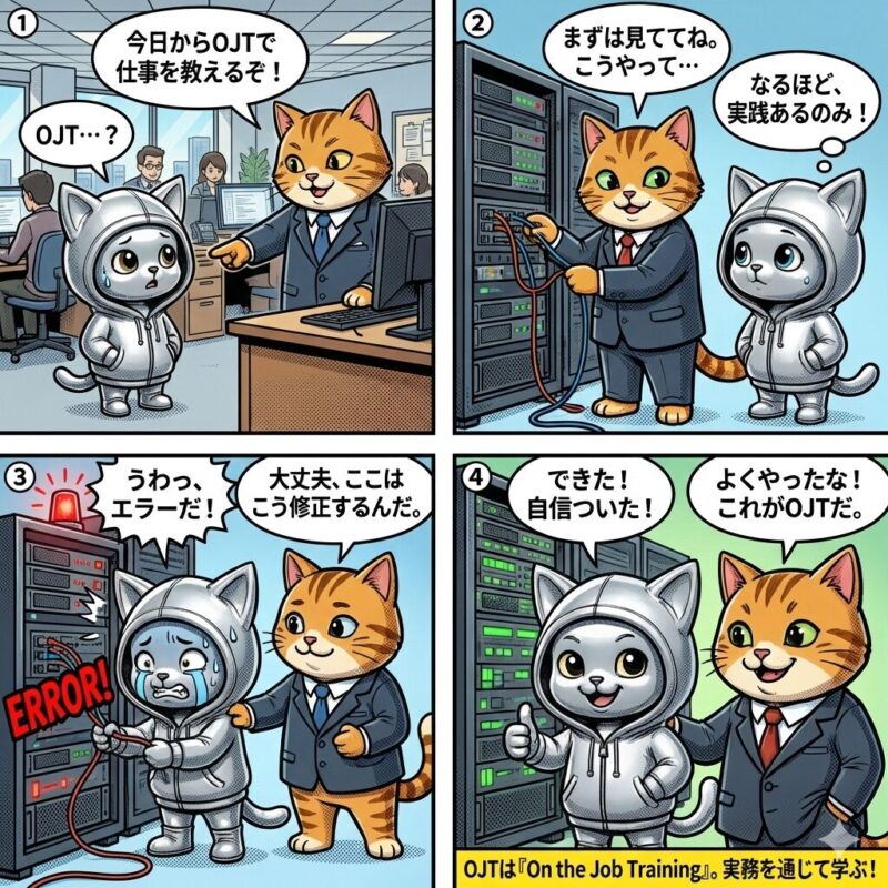 銀色の猫キャラクター「デプロイ太郎」が、OJT(職場内訓練)を通じて実務経験を積み、スキルを習得する過程を描いた4コマ漫画。