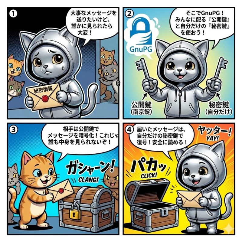 銀色の猫キャラクター「デプロイ太郎」が、GnuPG(公開鍵暗号方式)を使って安全に情報をやり取りする仕組みを解説する4コマ漫画。