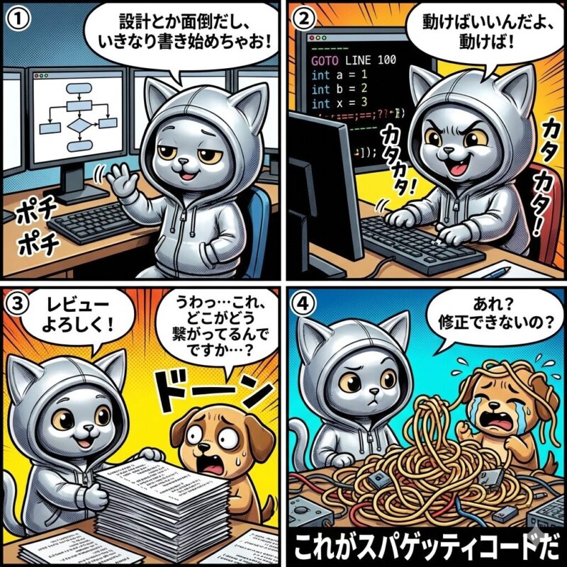 設計を無視して乱雑なプログラムを書き、スパゲッティコードで他人を絶望させるデプロイ太郎の4コマ漫画。