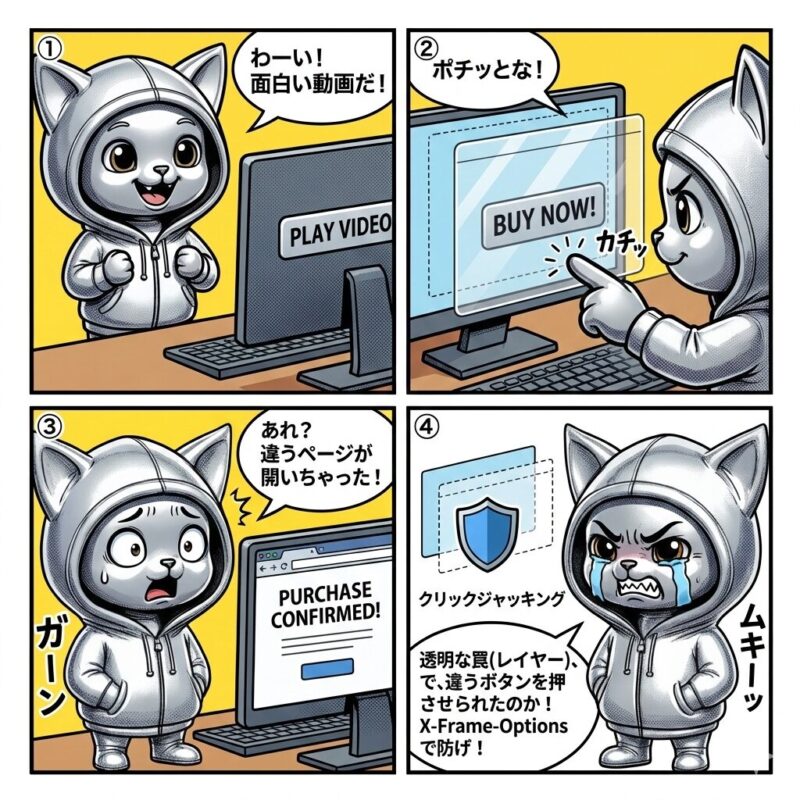 クリックジャッキング攻撃の仕組みと対策を解説する、銀色の猫キャラクター「デプロイ太郎」の4コマ漫画。