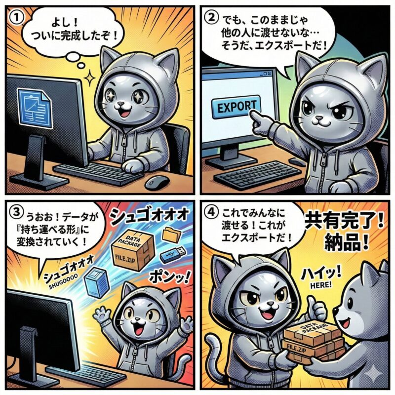 銀色の猫キャラクター「デプロイ太郎」が、コンピュータ上のデータを「エクスポート」して持ち運び可能な形式に変換し、他者と共有・納品するまでの流れを解説する4コマ漫画。