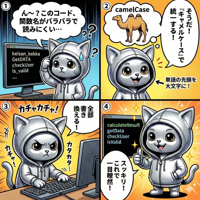 銀色の猫のキャラクター「デプロイ太郎」が、プログラミングの関数命名規則をキャメルケースに統一することで、コードの可読性を向上させる様子を描いた4コマ漫画。
