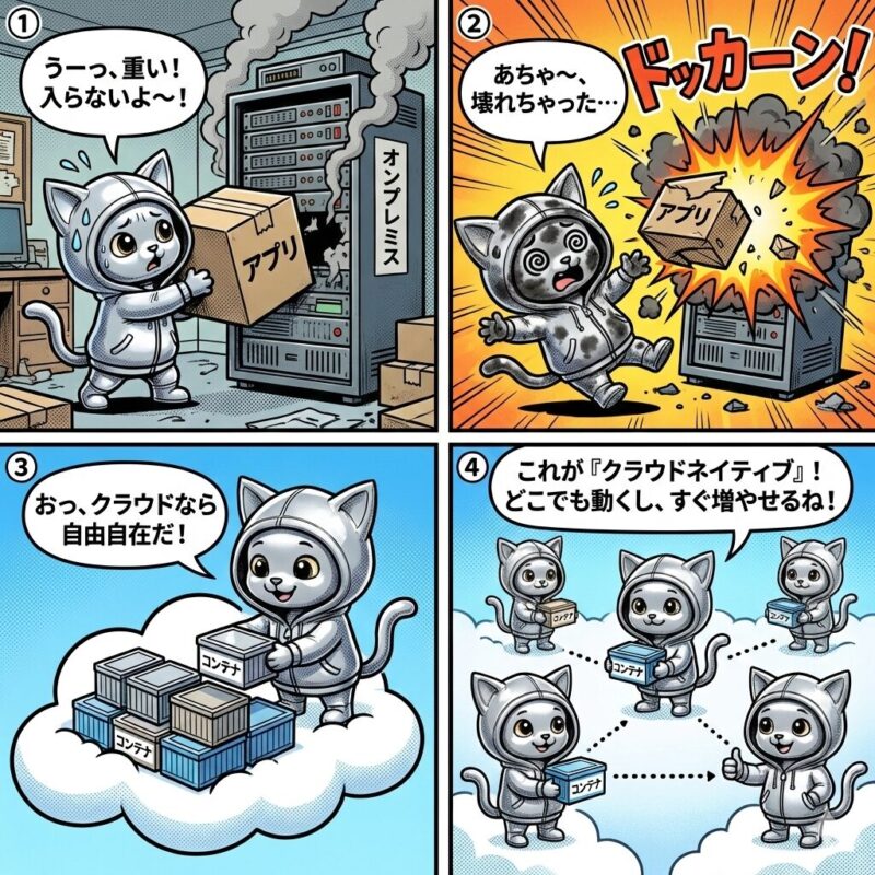 4コマ漫画「クラウドネイティブ」。デプロイ太郎が物理サーバーの限界から、クラウドとコンテナ技術を用いて柔軟かつ拡張性の高い運用を実現するまでの解説図。