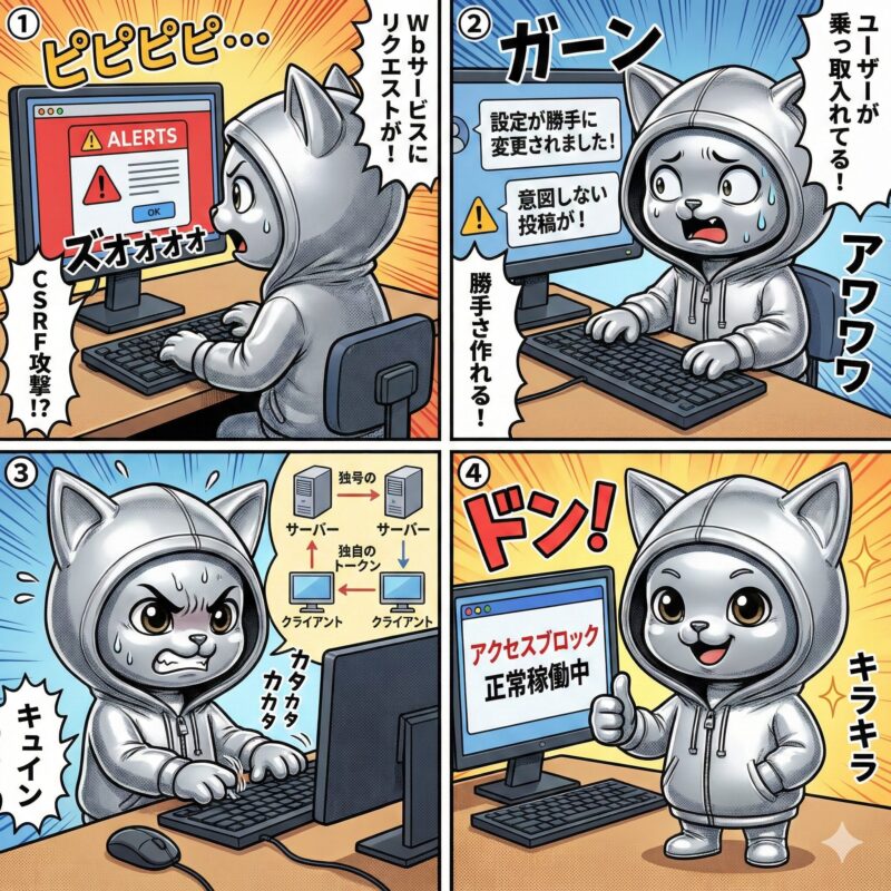 CSRF(クロスサイトリクエストフォージェリ)攻撃を受け、CSRFトークン実装によって対策を行うデプロイ太郎の4コマ漫画。