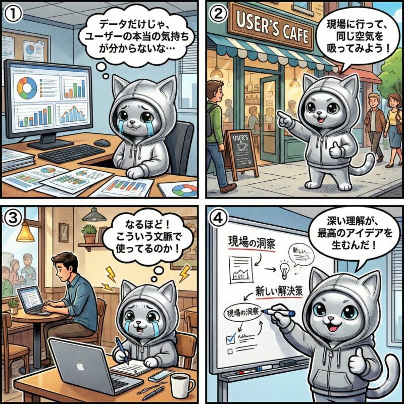 デプロイ太郎がエスノグラフィーを通じて、データ分析だけでは見えないユーザーの本音を現場観察によって深く理解し、新しい解決策を導き出すまでの4コマ漫画。