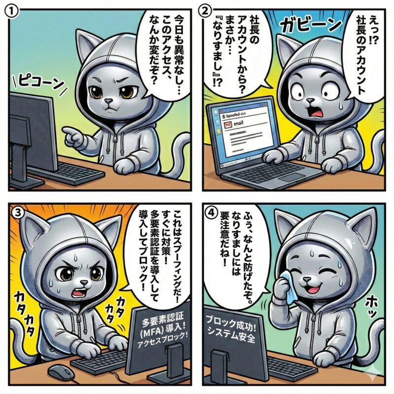 社長のアカウントを悪用した「スプーフィング(なりすまし)」攻撃を検知し、多要素認証で阻止するデプロイ太郎の4コマ漫画。