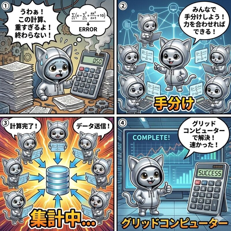 銀色の猫のキャラクター「デプロイ太郎」が、複数のコンピューターを連携させて巨大な計算処理を分担・解決する「グリッドコンピューティング」の仕組みを解説する4コマ漫画。