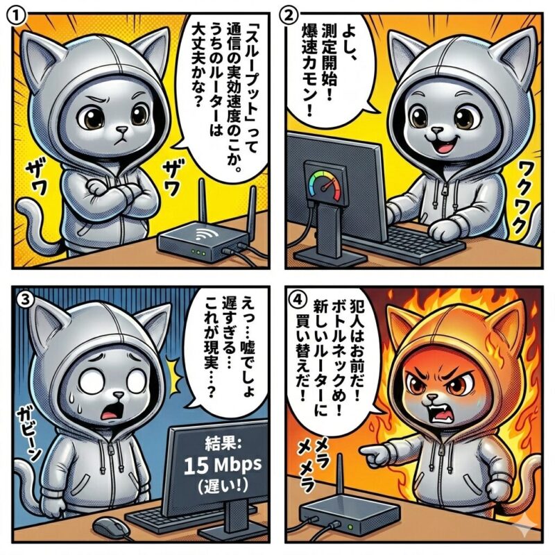通信の実効速度(スループット)を測定し、古いルーターがボトルネックとなって速度が遅いことに気づき、激怒して買い替えを決意するデプロイ太郎の4コマ漫画。